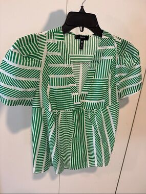 Aqua from Bloomingdale’s. Green & White Geometric Stripe Puff-Sleeve Top